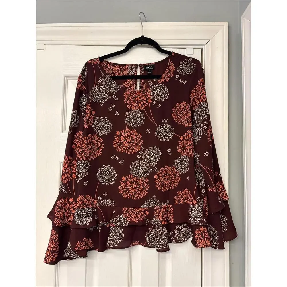 A.N.A. Burgundy Sheer Ruffled Top Blouse Long Bell Sleeves Sz XL. Work. Office - Picture 1 of 9